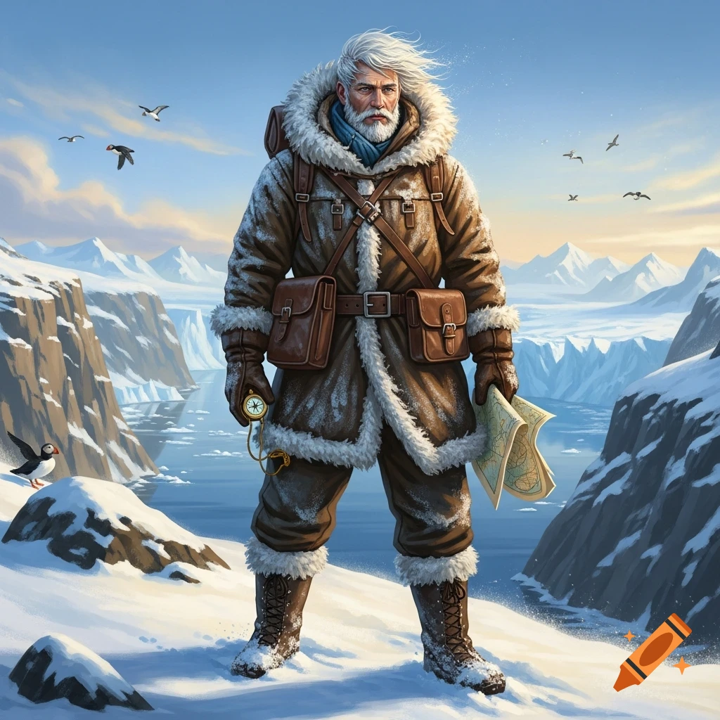 A rugged arctic explorer with white hair and beard stands in a snowy landscape with mountains and ice, holding a compass and map.