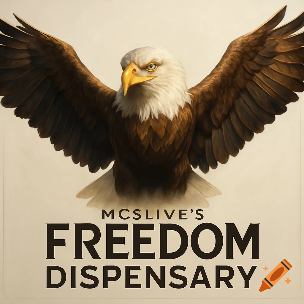 An illustration of a bald eagle with outstretched wings, above the text 'MCSLIVE'S FREEDOM DISPENSARY'.