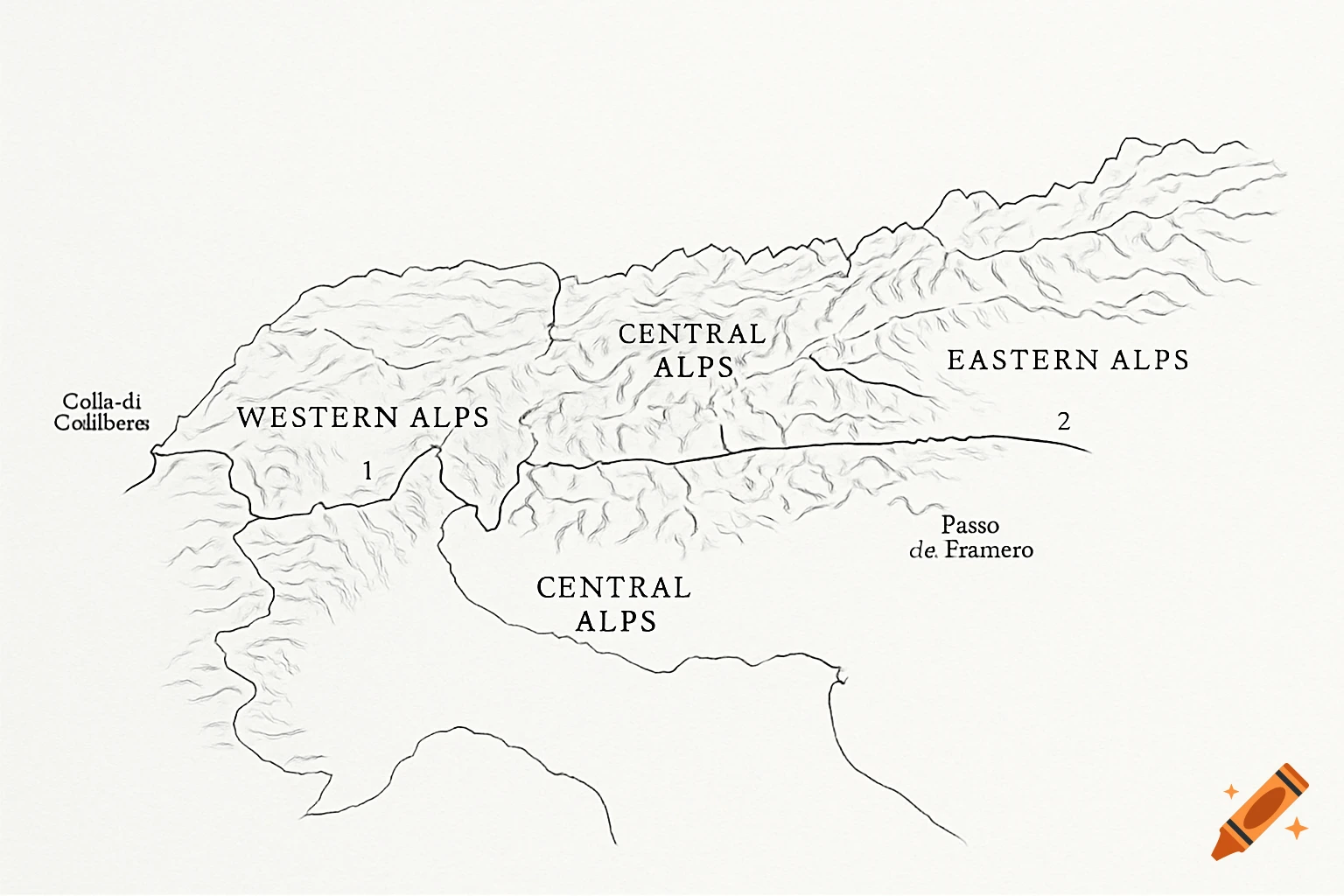Black and white sketch map showing the divisions of the Alps into Western, Central, and Eastern sections, with labeled boundary points.