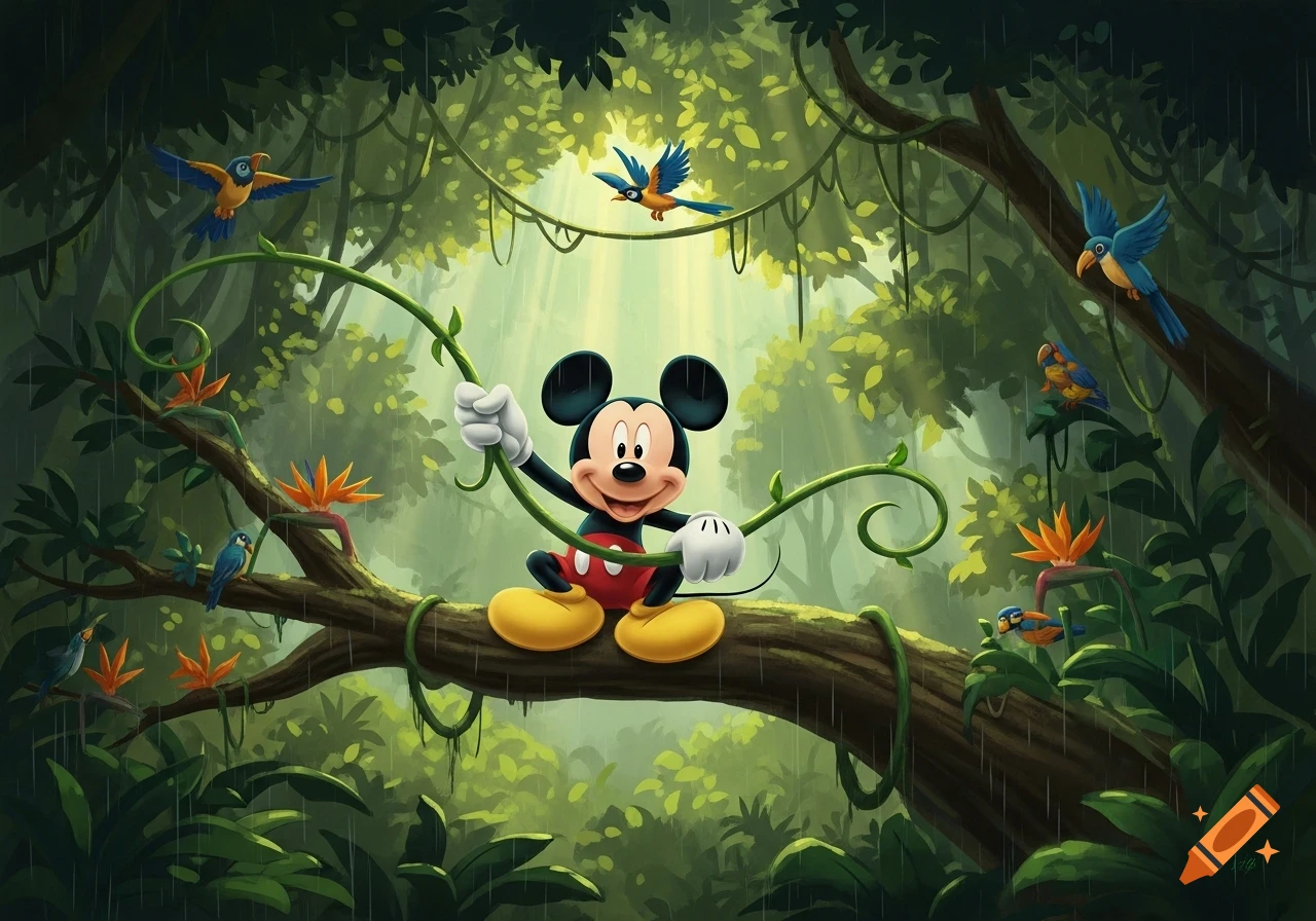 Mickey Mouse grins, holding a vine while sitting on a tree branch in a lush, rainy jungle with colorful birds.