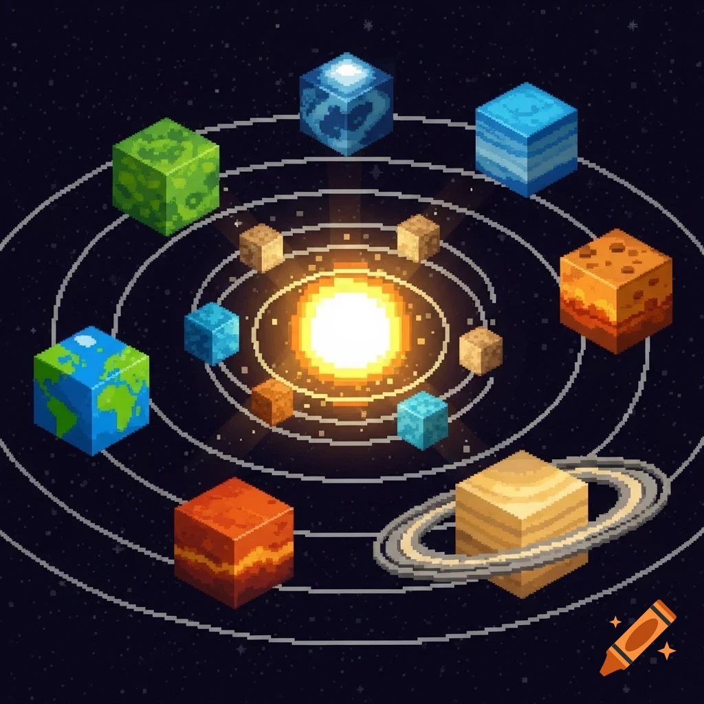 Pixel art isometric view of the solar system with cuboid planets orbiting a central sun.