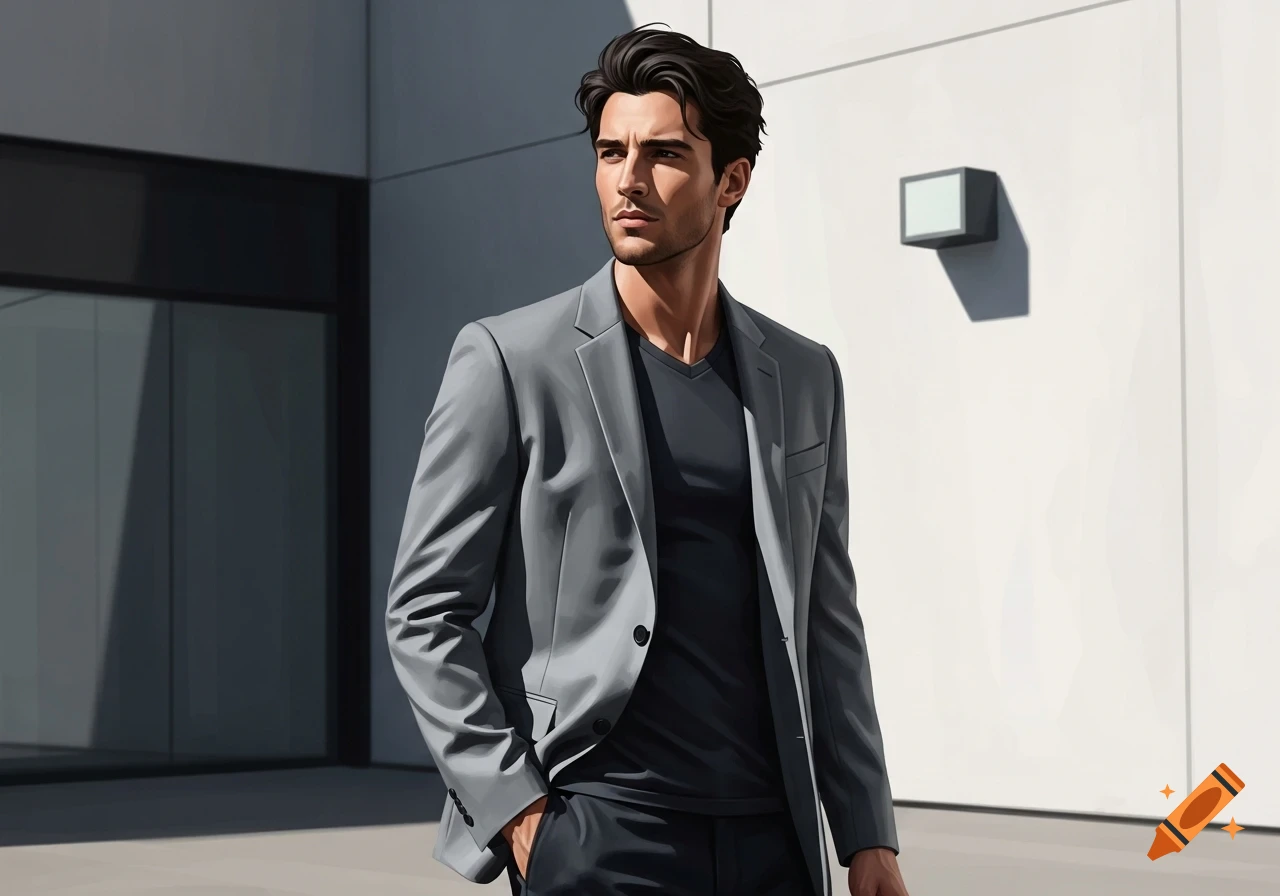 Stylish man in a grey suit jacket and dark v-neck shirt, looking left against a modern building.
