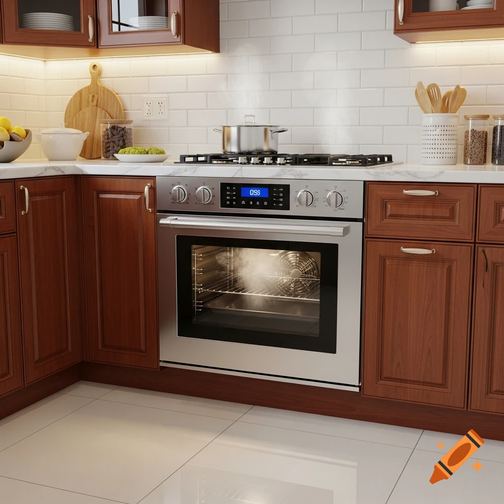 A modern kitchen with dark wood cabinets, white subway tile backsplash, and a stainless steel oven and gas stove.