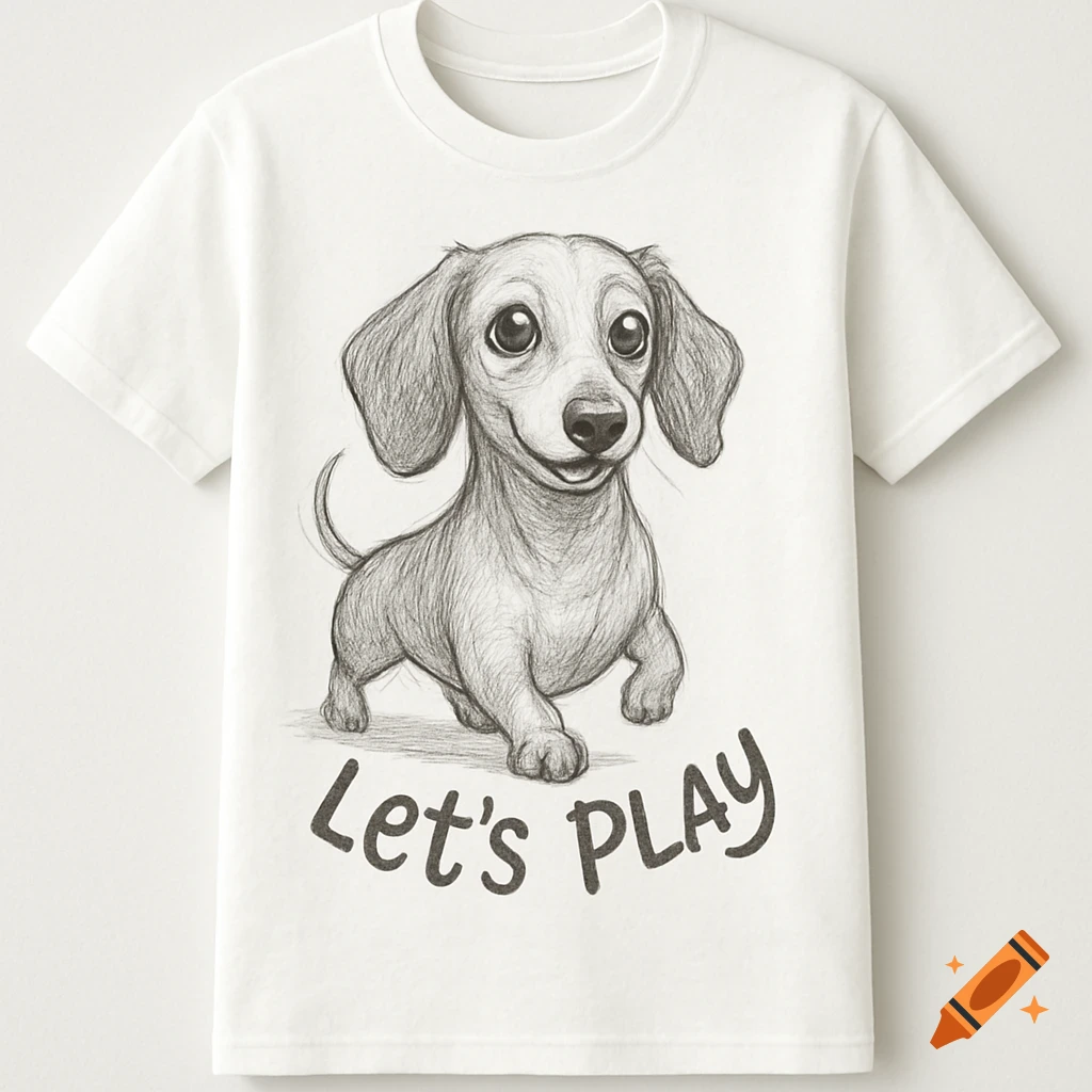 A pencil drawing of a cute dachshund with big eyes and floppy ears on a white t-shirt, with "Let's PLAY" text below it.