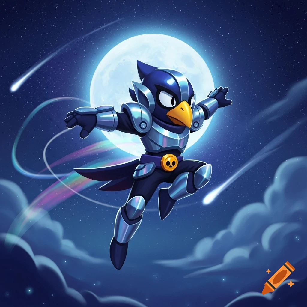 Cartoon character Corvus from Brawl Stars in silver armor jumping under a full moon with shooting stars in a night sky.