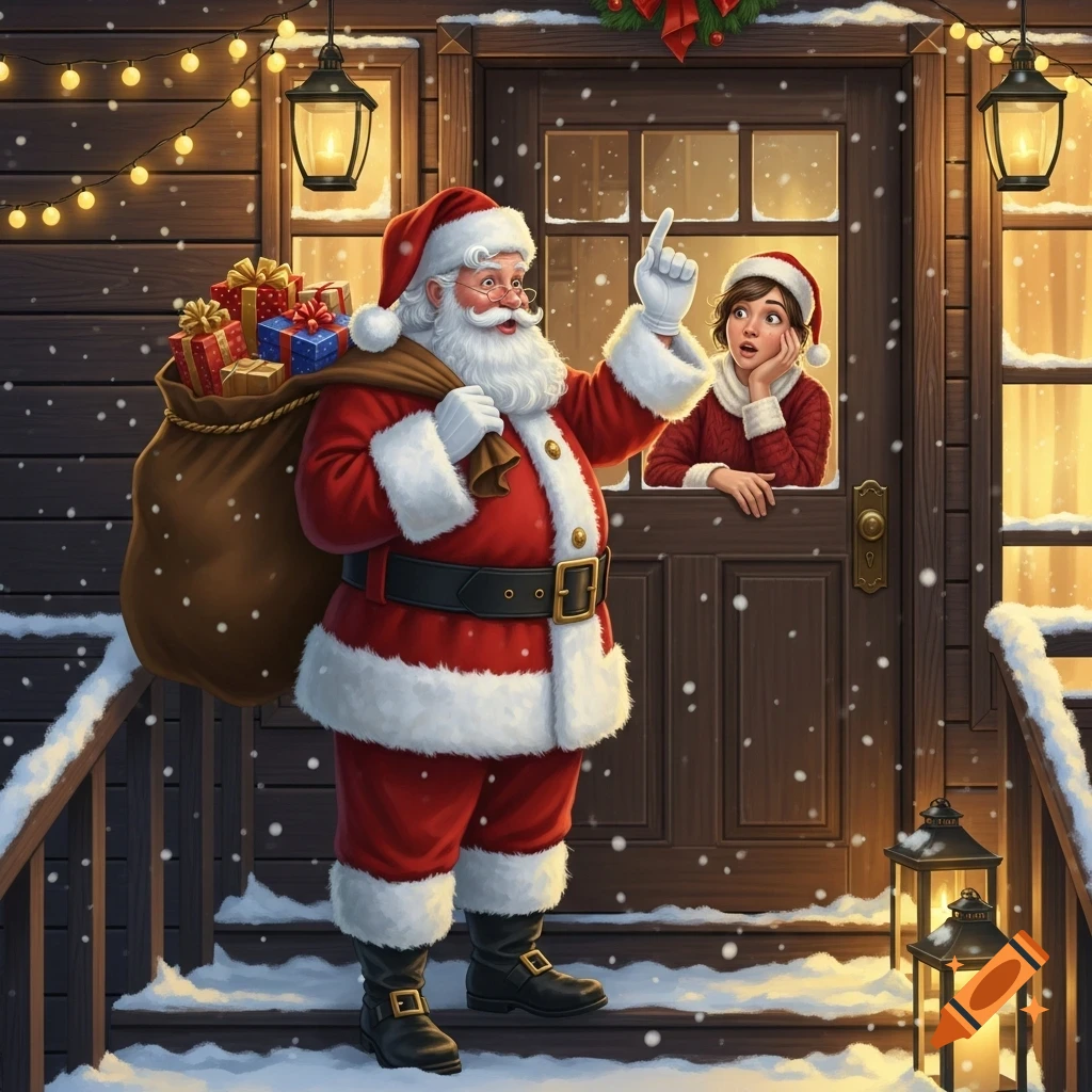 Santa Claus with a sack of gifts points up outside a snowy wooden house while a surprised child looks out the door.