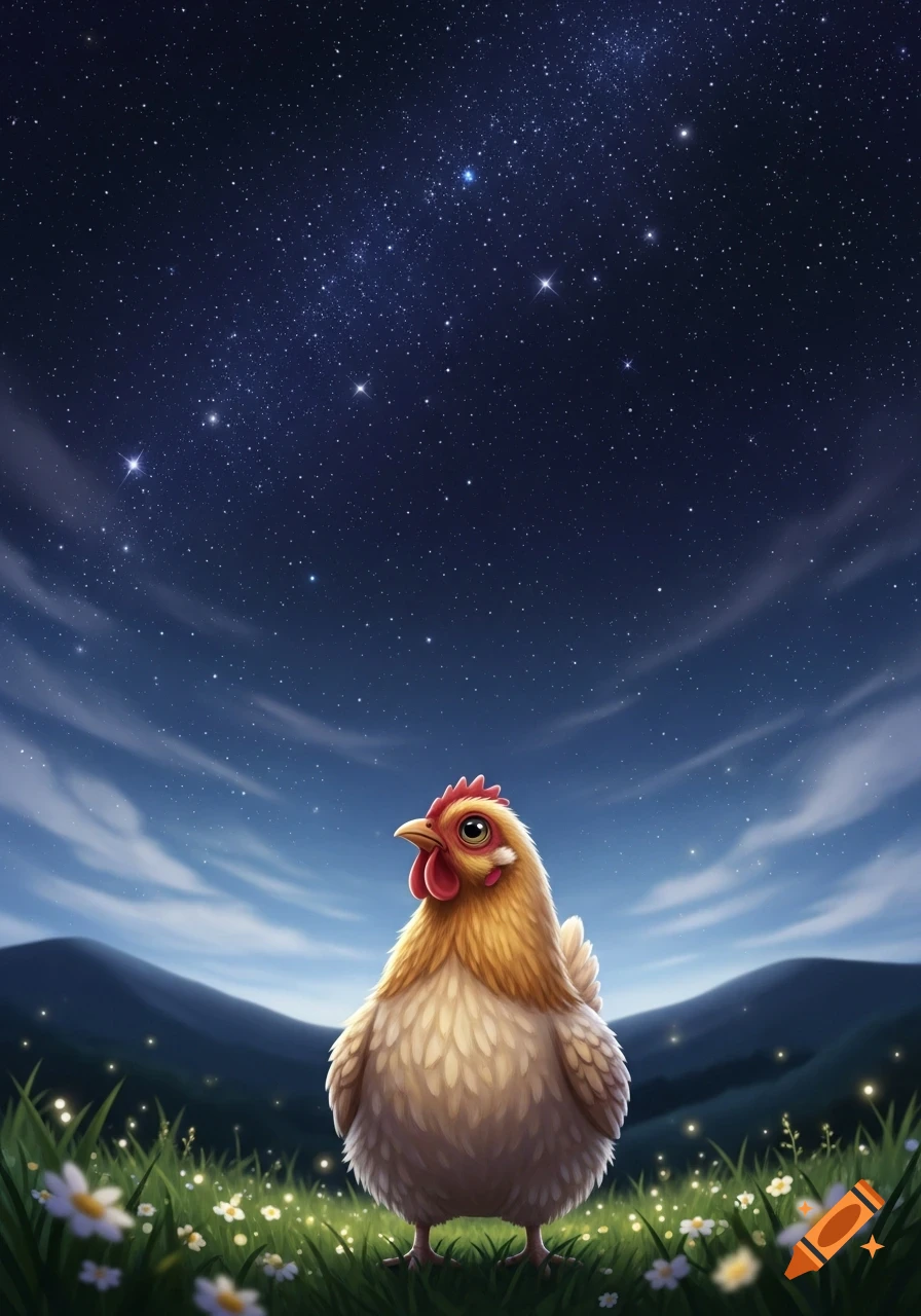A cute cartoon chicken looks up at a vast, starry night sky over mountains and a grassy field with glowing flowers.
