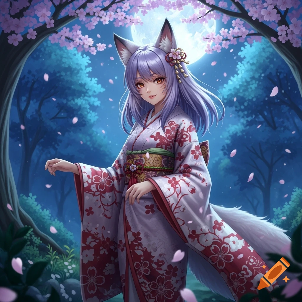 Anime kitsune girl with purple hair, fox ears, and a white kimono with red cherry blossoms, standing in a moonlit forest under a full moon.