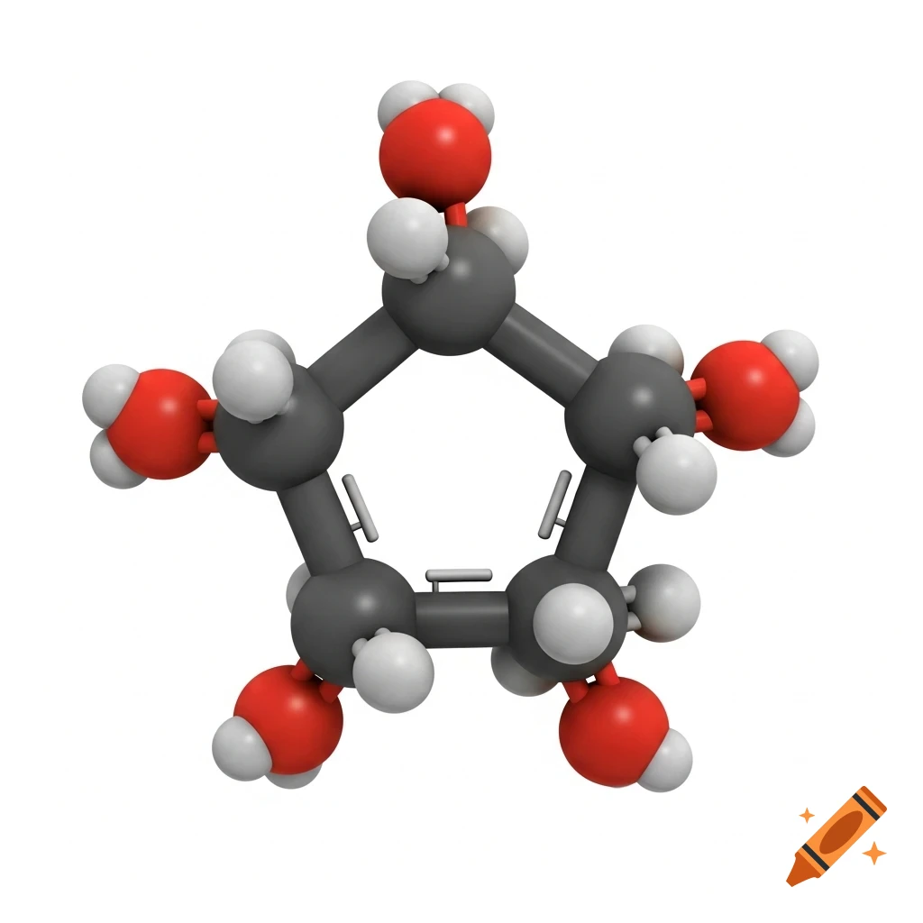 A 3D model of a glucose molecule, depicted with a gray five-membered ring structure connected to red and white atoms, on a white background.