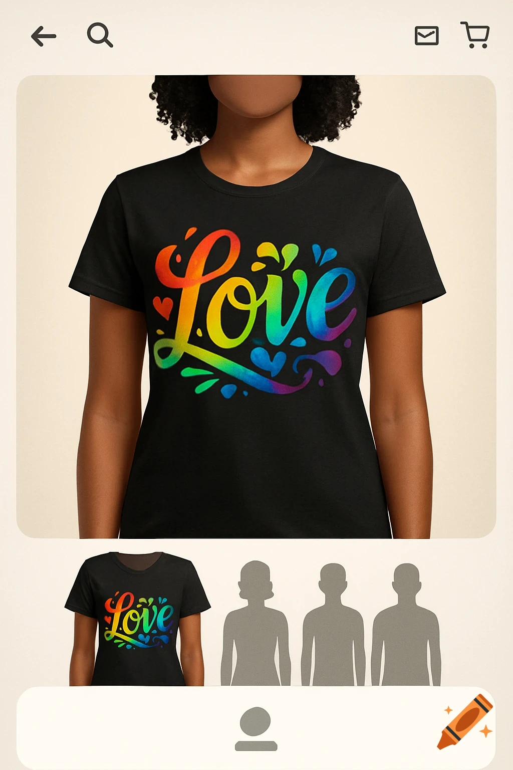 Person wearing a black t-shirt with a rainbow 'Love' design in an online shop mock-up.