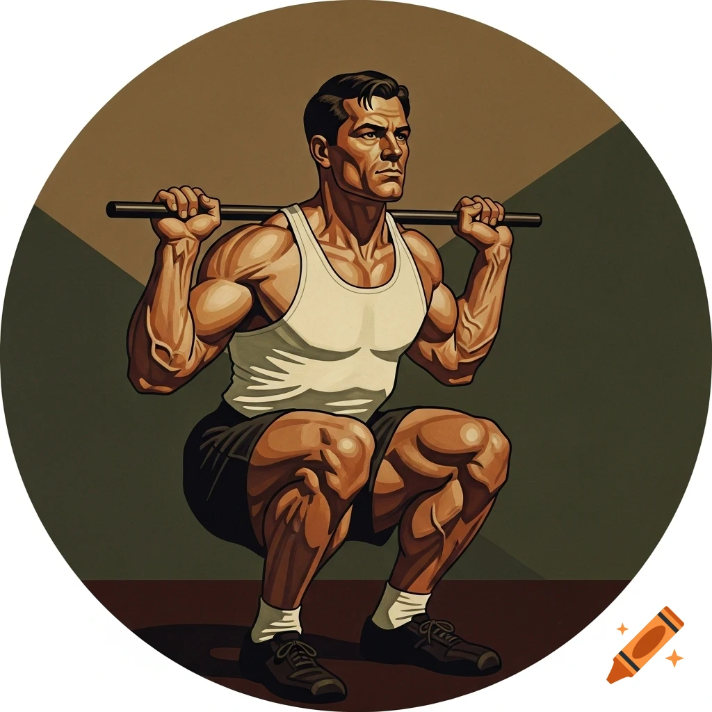 WPA-style illustration of a muscular man in a tank top and shorts doing squats with a bar, set in a circular frame.