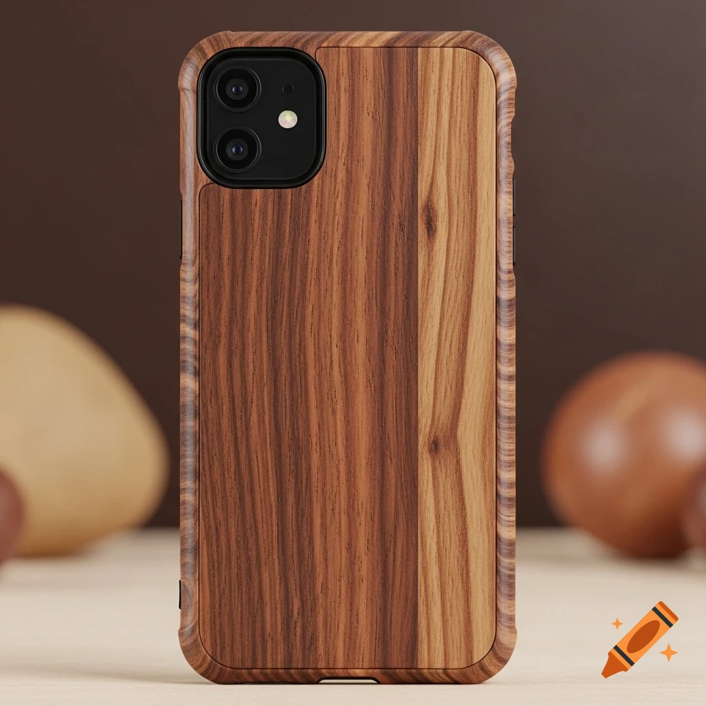 A phone case made of light and dark brown wood grain, standing upright with a blurred brown background.