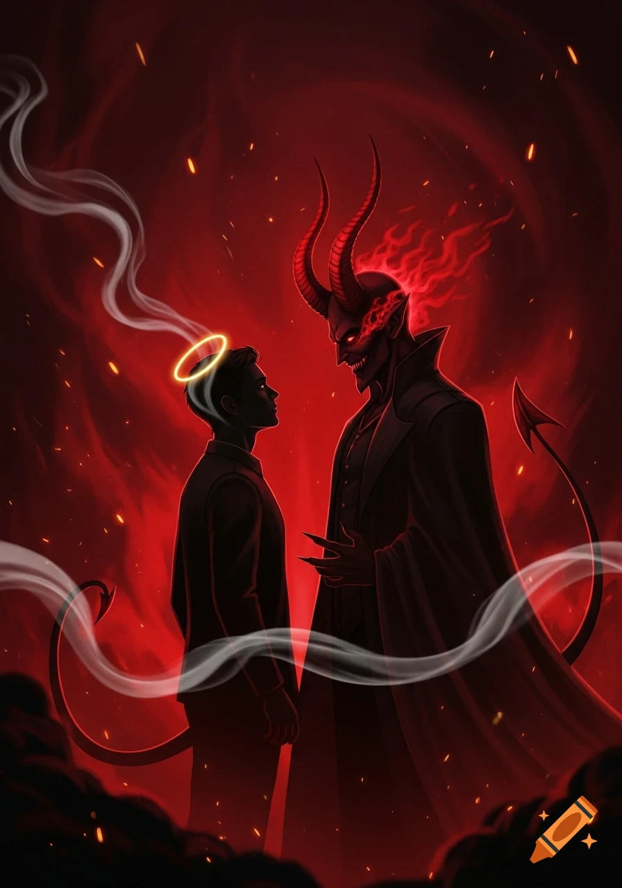 A haloed man in silhouette faces a menacing red devil with horns and fiery eyes against a smoky red background.