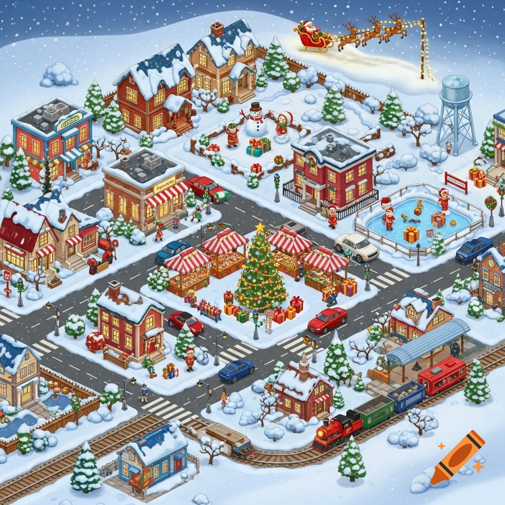 A detailed isometric view of a festive Christmas town covered in snow, with Santa's sleigh, an ice skating rink, market stalls, houses, and a train.