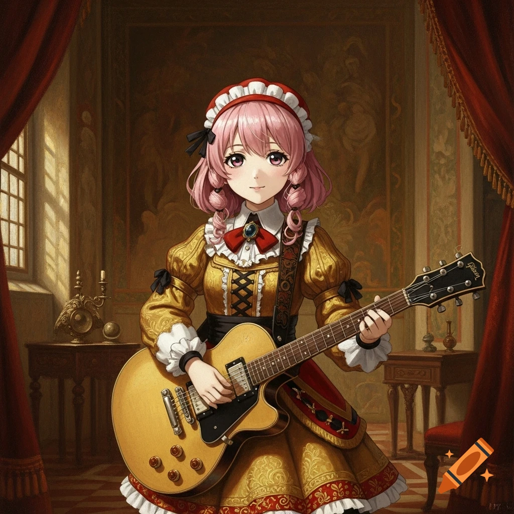 An anime girl with pink hair in a gold dress plays an electric guitar in a classical painting style, standing in a richly decorated room.