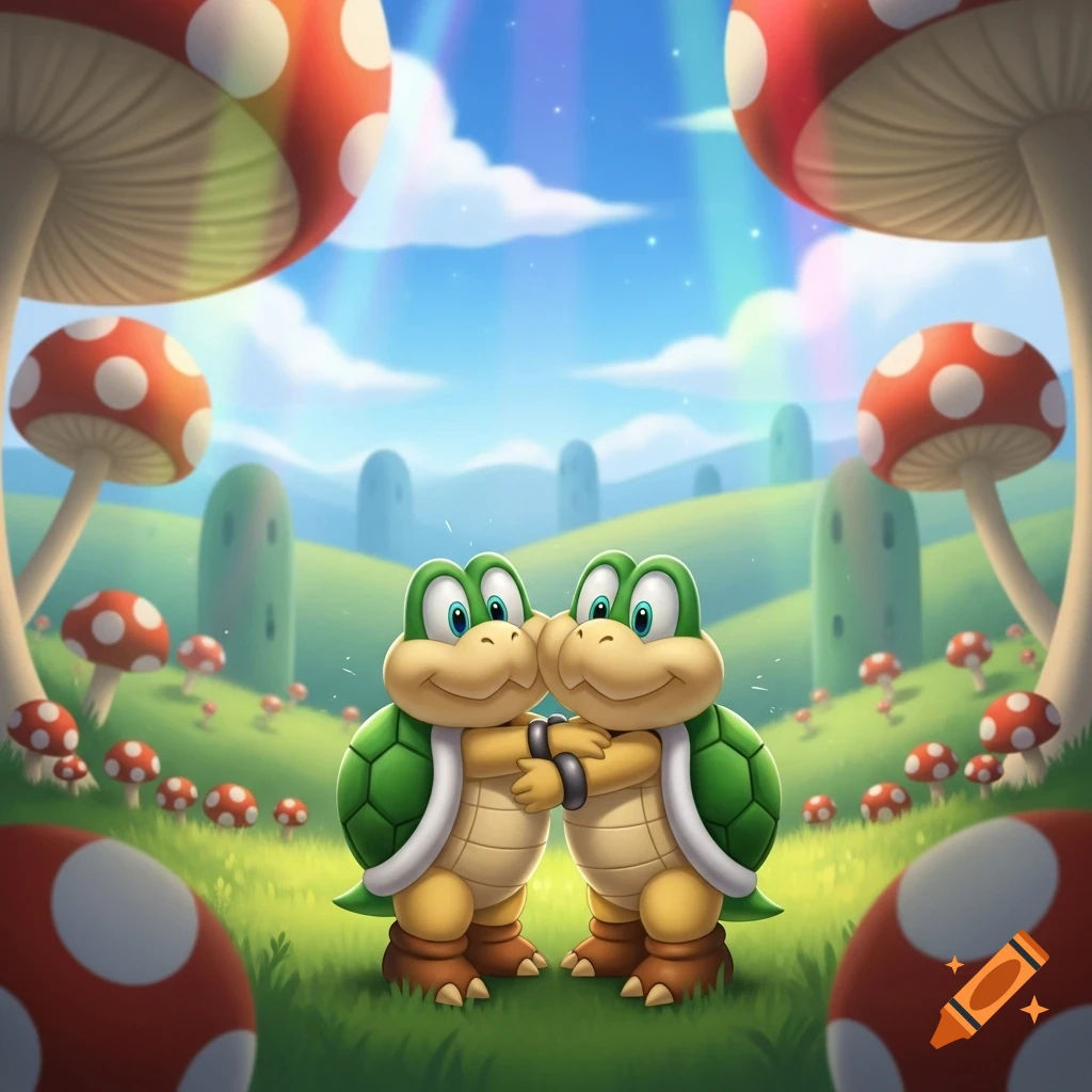 Two cartoon Koopa Troopas hugging in a vibrant mushroom field under a sky with rainbow light.