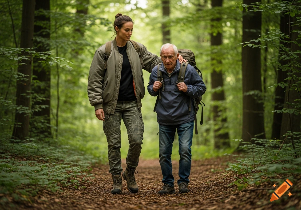 A woman helps an older man hike through a lush green forest, both wearing backpacks and outdoor attire.