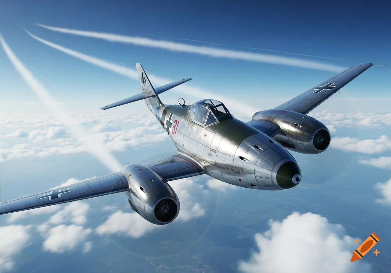A photorealistic Messerschmitt Me 262 jet fighter flies above white clouds under a clear blue sky, leaving contrails.