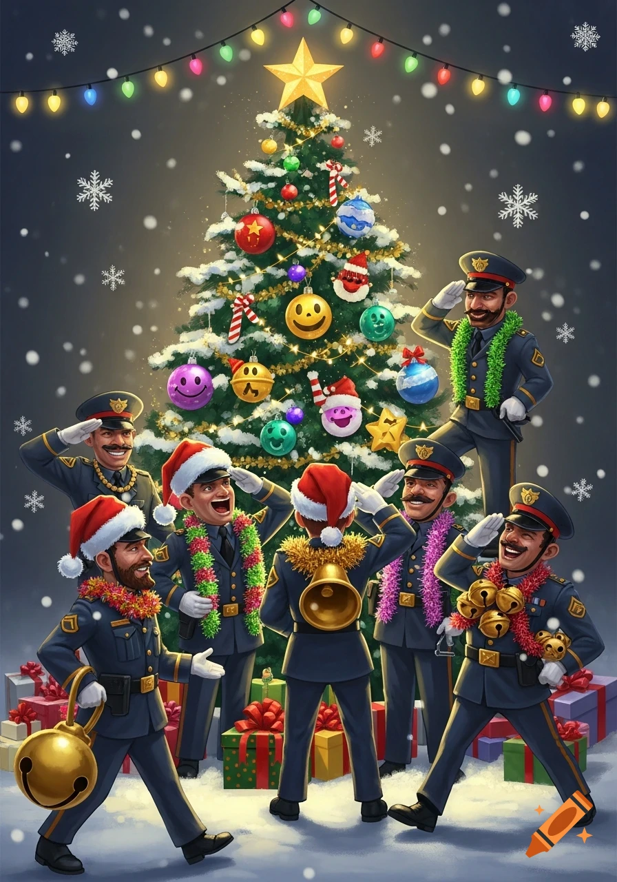 Cartoon uniformed police officers in Santa hats and leis celebrate Christmas around a decorated tree with gifts and falling snow.