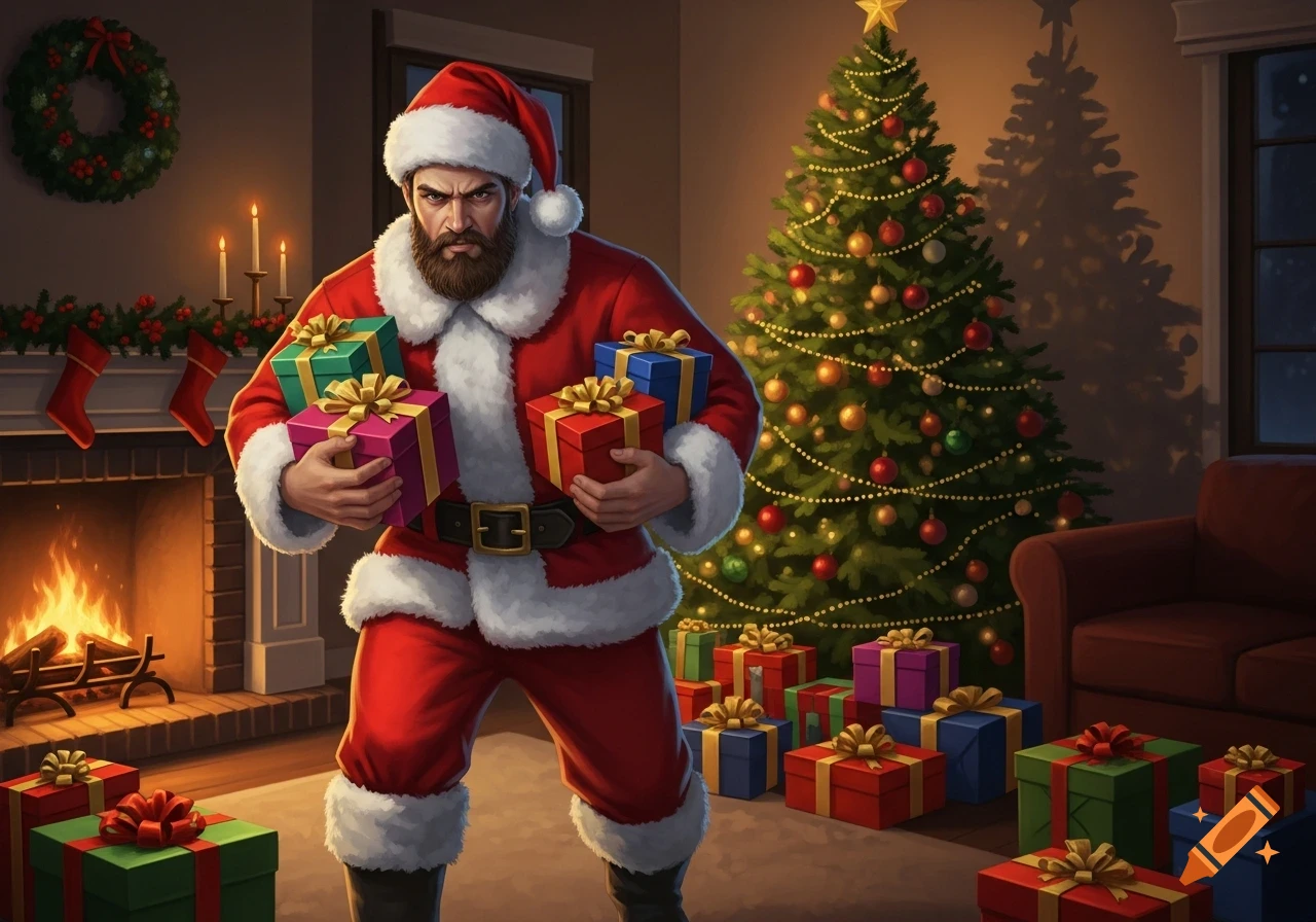 A serious, bearded Santa Claus in a red suit holds several wrapped gifts in a festive living room with a fireplace and Christmas tree.