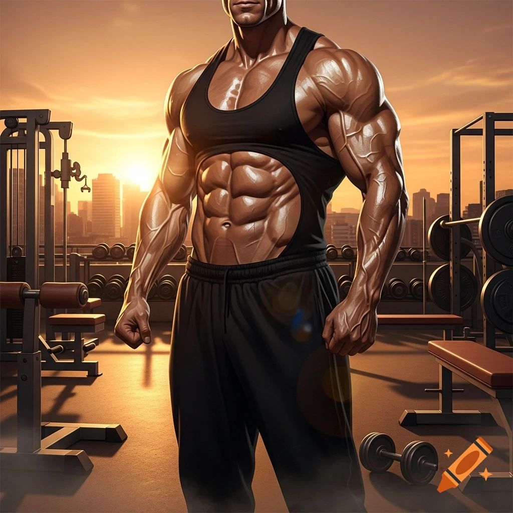 Muscular man in a black tank top and sweatpants poses in a rooftop gym at sunset.