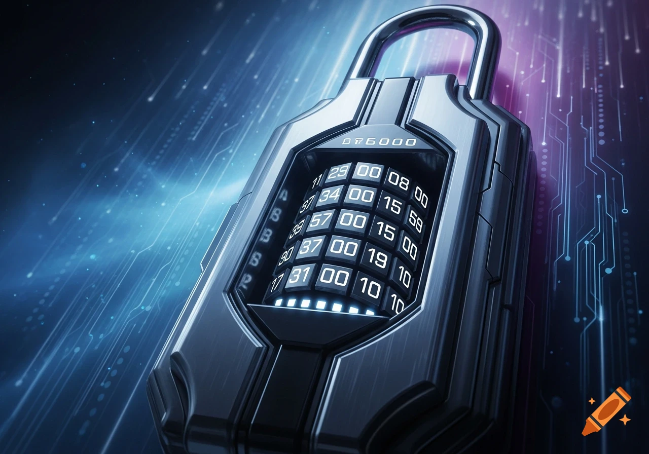 A close-up of a metallic digital combination lock with glowing blue numbers and text 'DT6000' against a dark, futuristic background with circuit patterns.