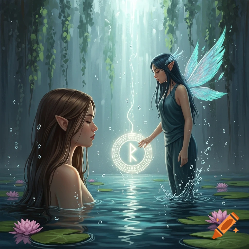 A fantasy illustration of two elven women in a mystical forest pond, one submerged to the chest, the other with fairy wings, touching a glowing rune.