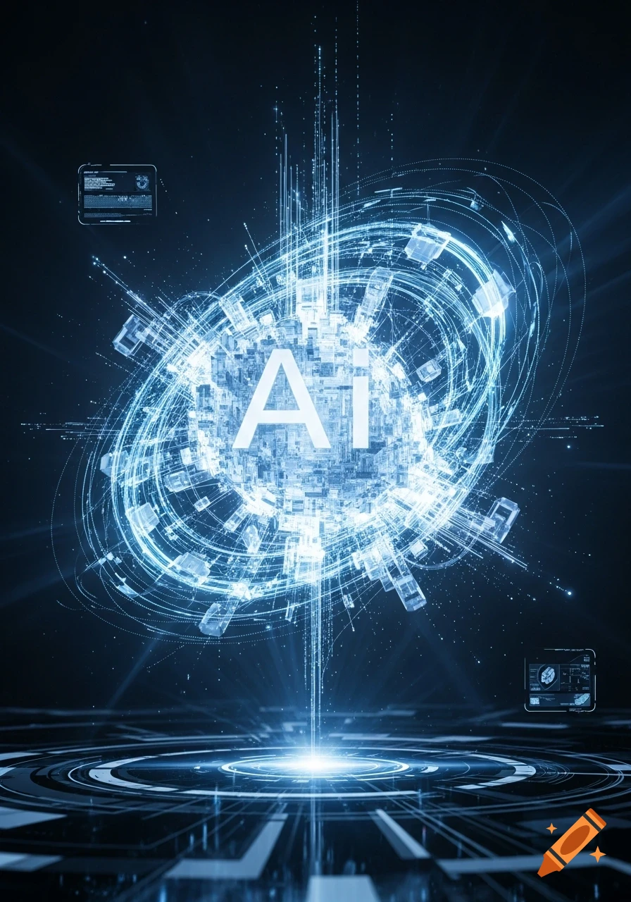 A glowing blue digital sphere with 'AI' at its center, surrounded by abstract lines and holographic elements in a dark, futuristic setting.