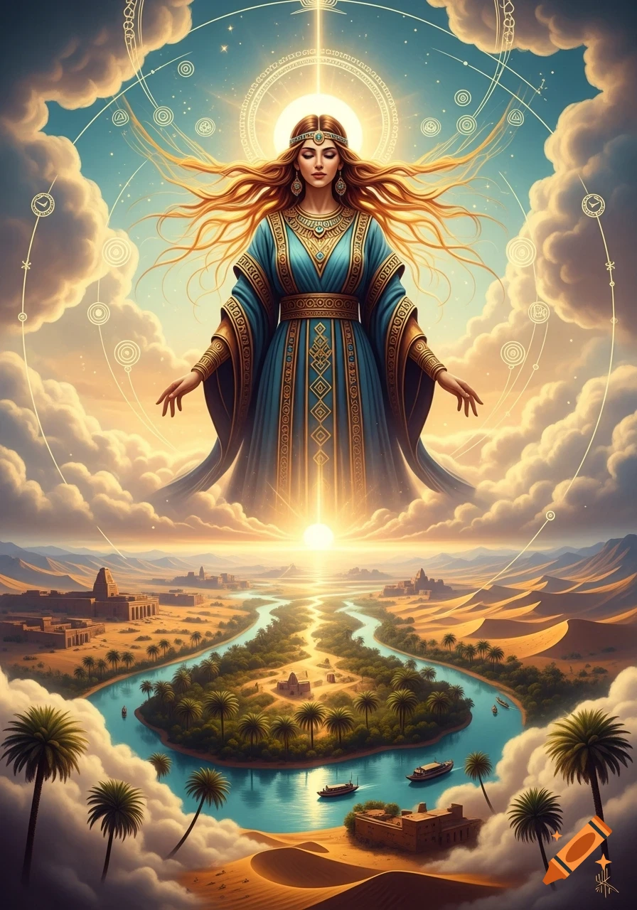 A divine goddess with flowing hair and a blue gown floats above a surreal desert landscape with a winding river and ancient cities, radiating light.