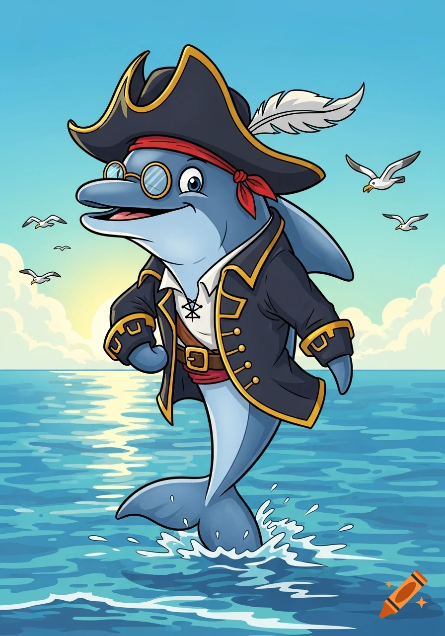 A cartoon dolphin dressed as a pirate, wearing a hat, glasses, and a jacket, stands in the ocean with seagulls.