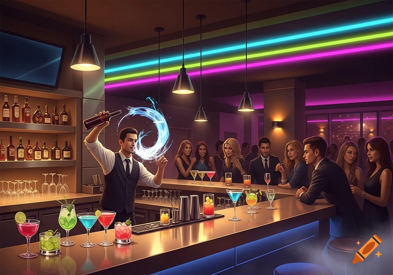 A bartender pours drinks at a lively nightclub bar with neon lights and patrons.