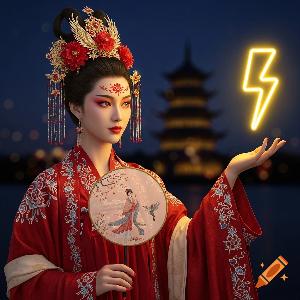 Woman in red Hanfu with ornate headdress, holding a fan and a glowing yellow lightning bolt at night, with a blurred pagoda in the background.