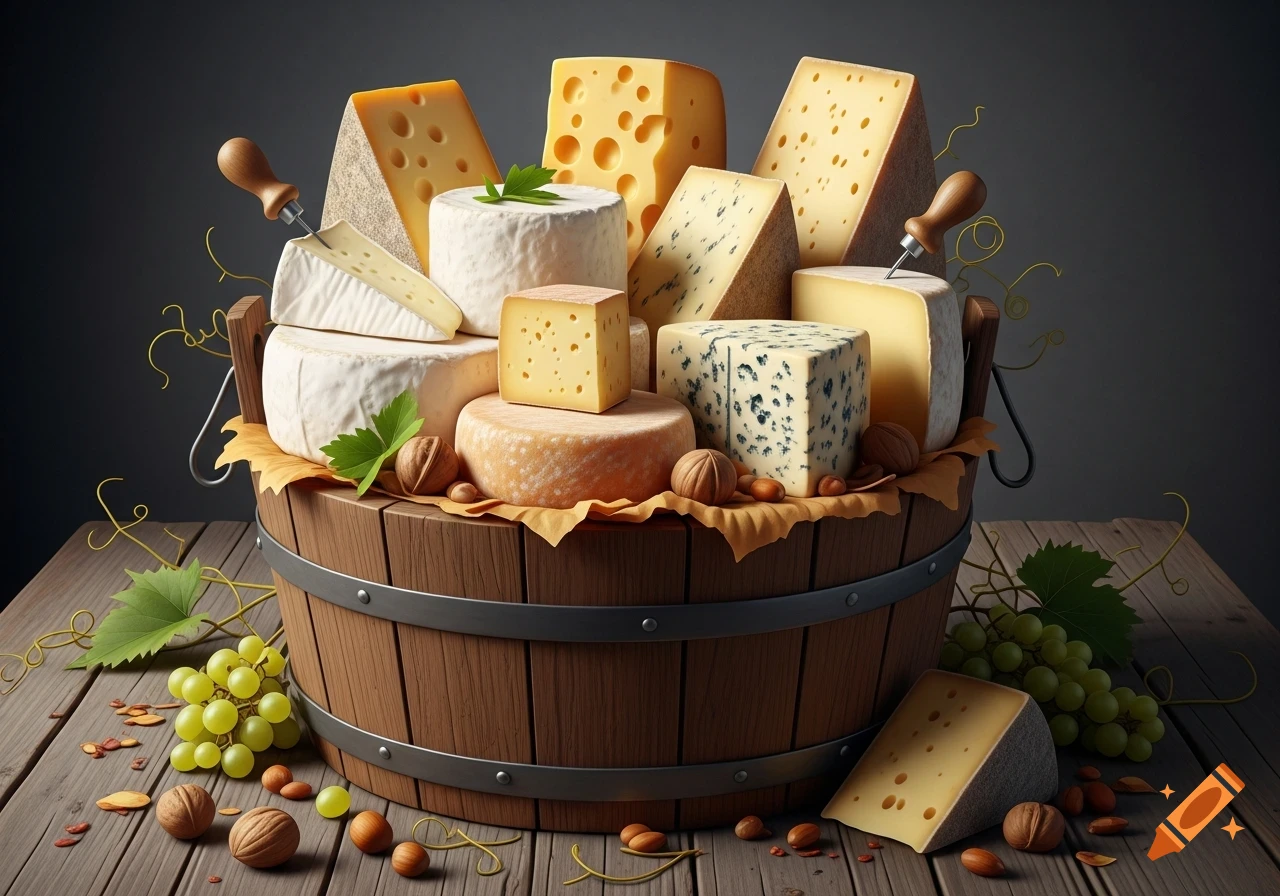 A rustic wooden bucket overflowing with a variety of cheeses, including Swiss, blue, and brie, alongside grapes and nuts, set on a wooden table.