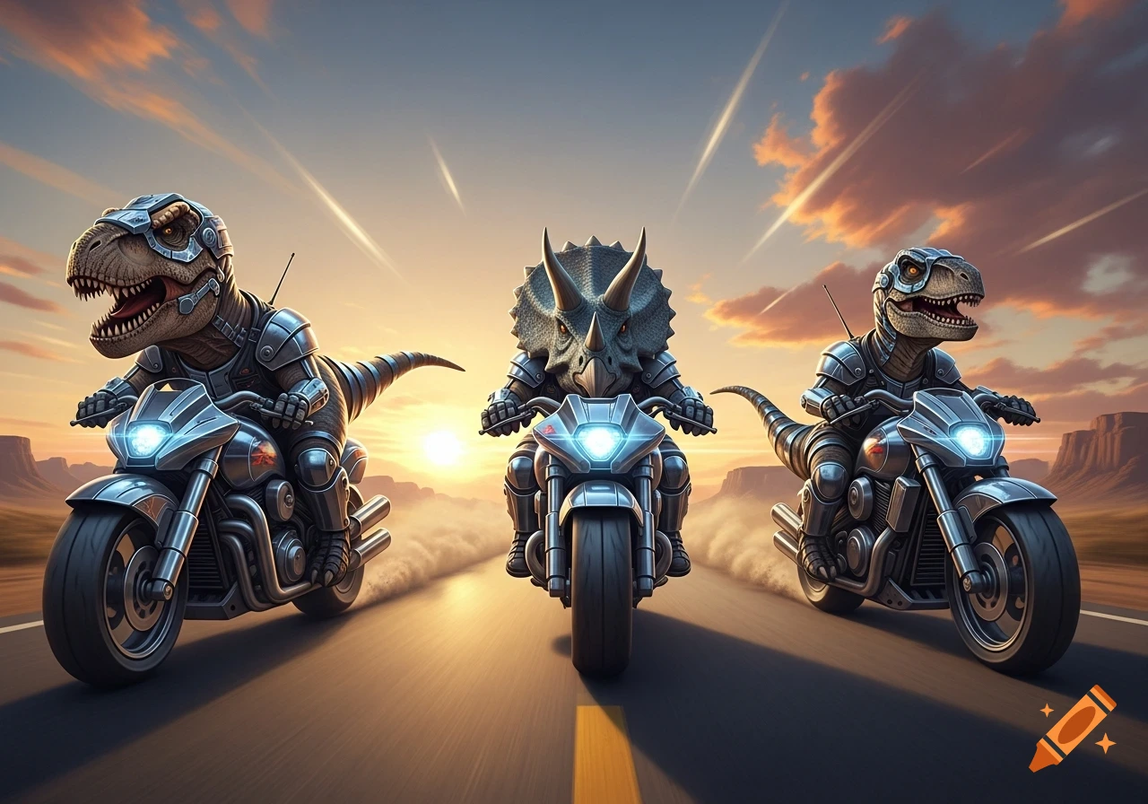 Three armored dinosaurs, two T-Rex and a Triceratops, ride motorcycles down a desert road at sunset.