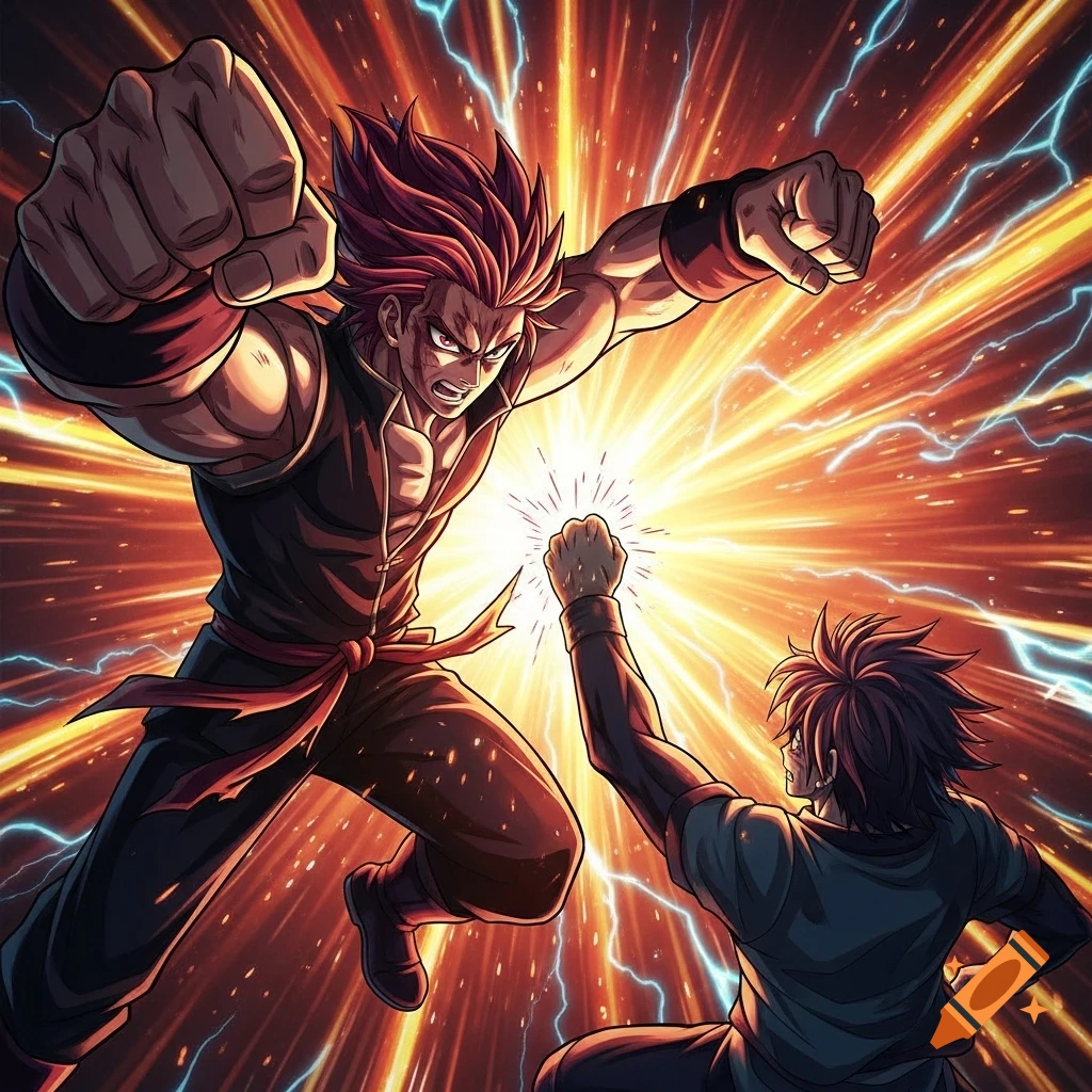 Two anime characters in an intense combat clash, fists meeting amidst a bright energy explosion and lightning.