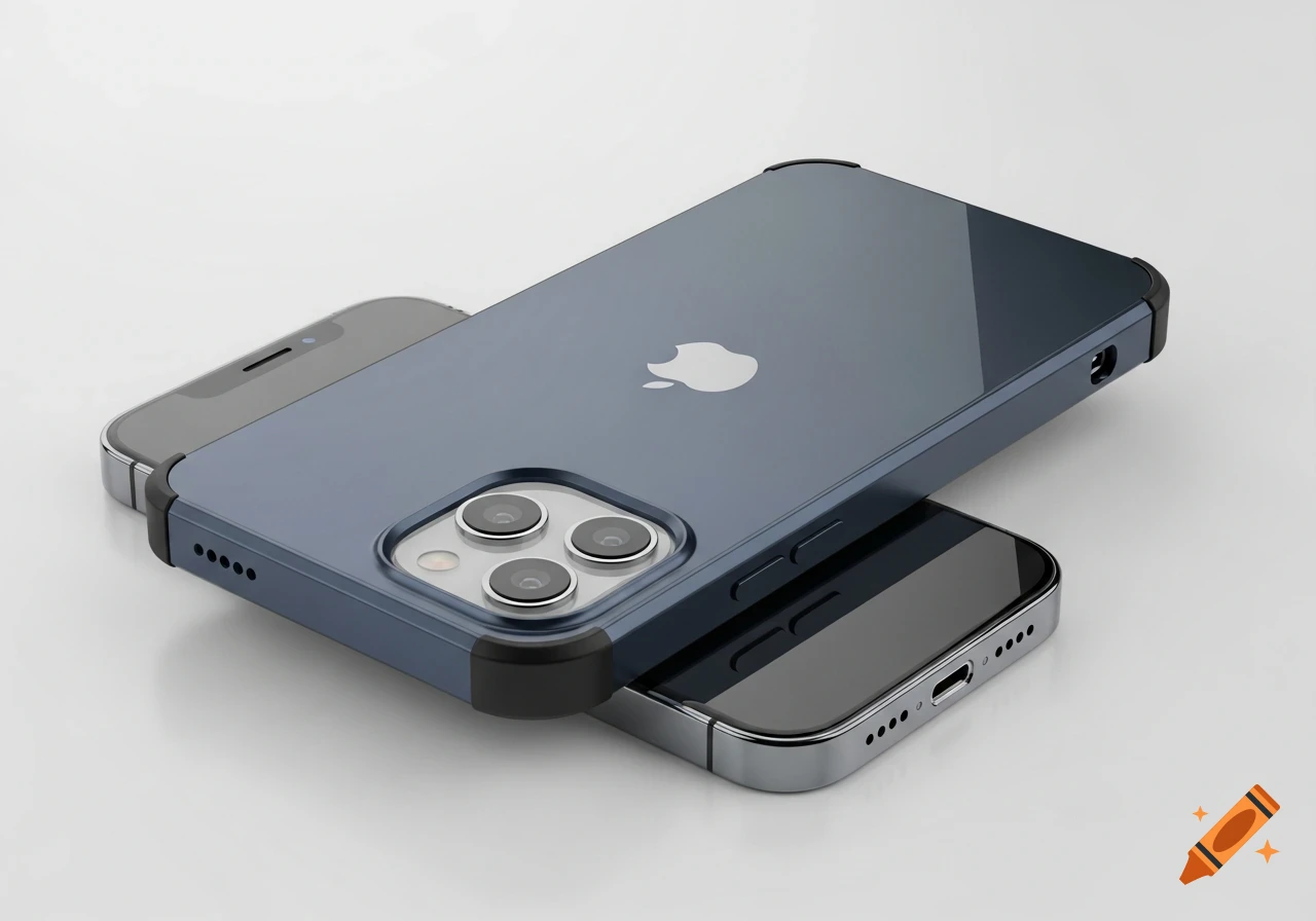 A blue iPhone case is placed on top of a silver iPhone, showcasing both devices on a white background.