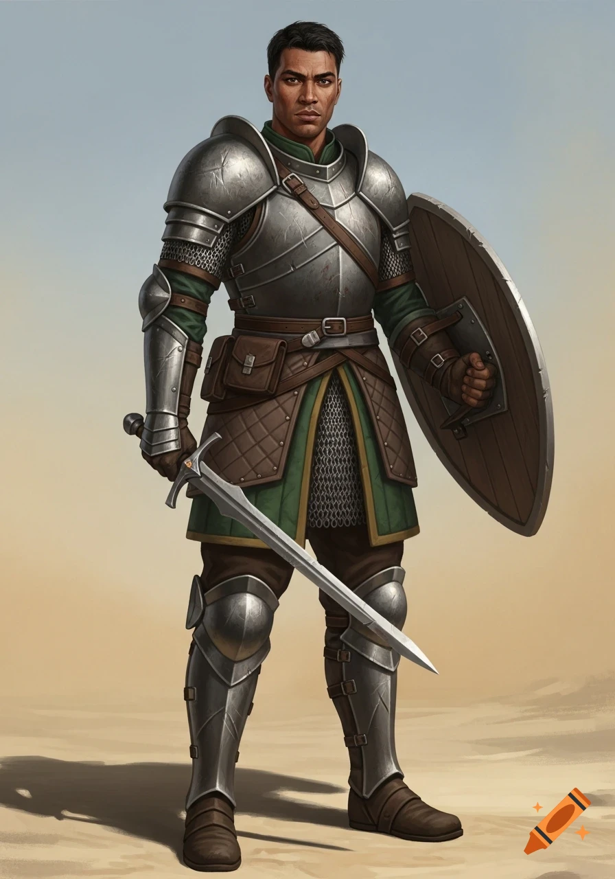 A dark-skinned male warrior in detailed fantasy armor with a sword and shield stands ready for battle in a desert setting.