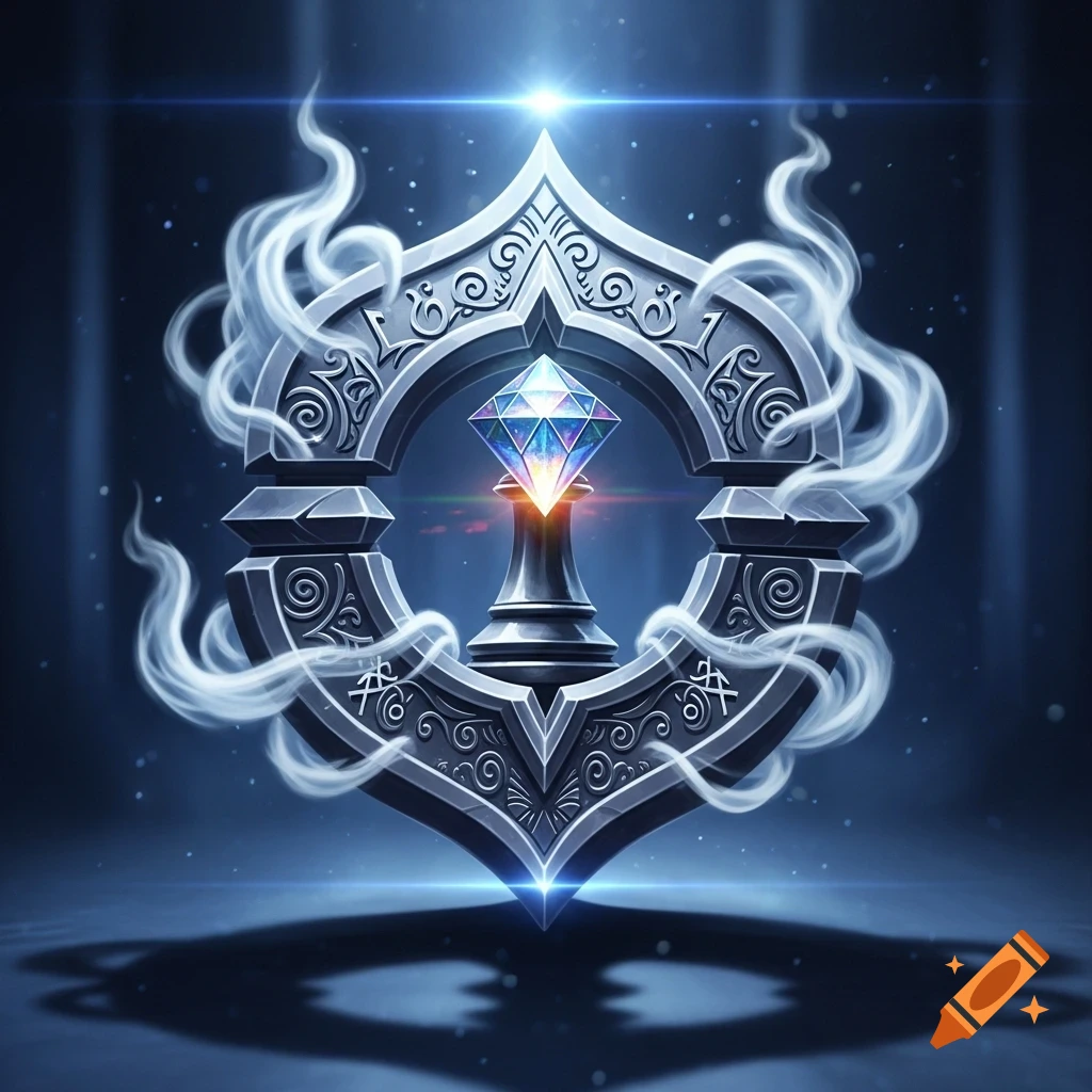 A glowing metal badge with royal carvings, smoking runes, and a diamond chess pawn in the center, on a dark blue background.