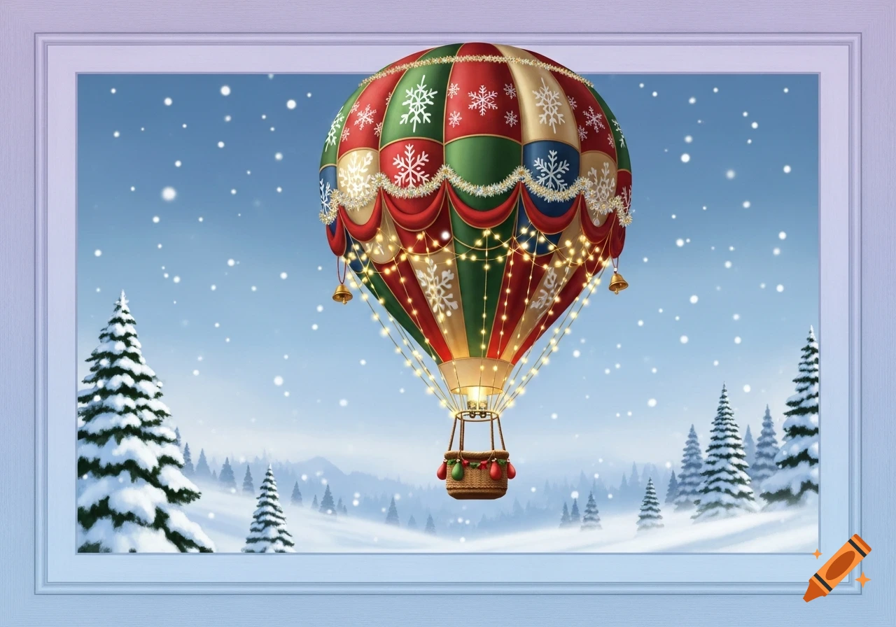 A festive hot air balloon, decorated with snowflakes and lights, floats over a snowy winter landscape with pine trees.