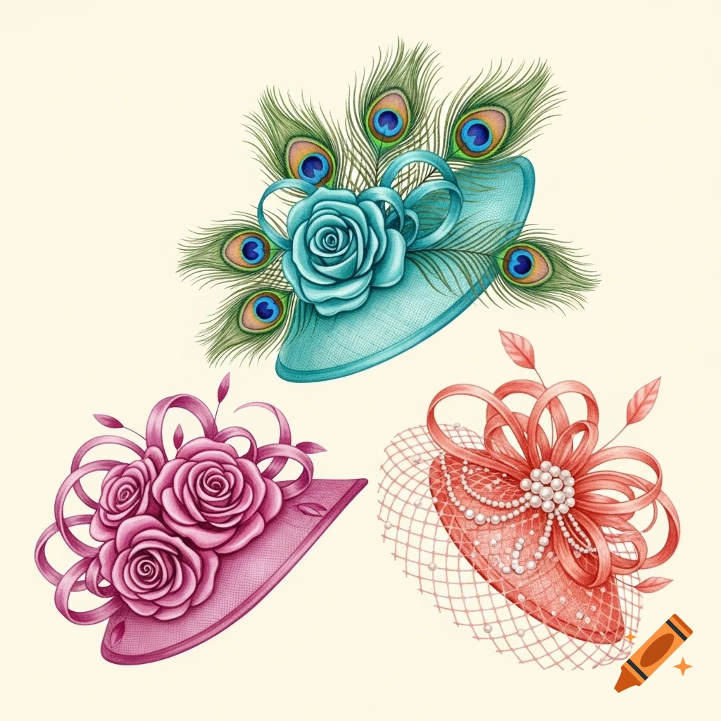 Watercolor illustration of three elegant fascinators: fuchsia with roses, turquoise with peacock feathers, and coral with pearls and a veil.