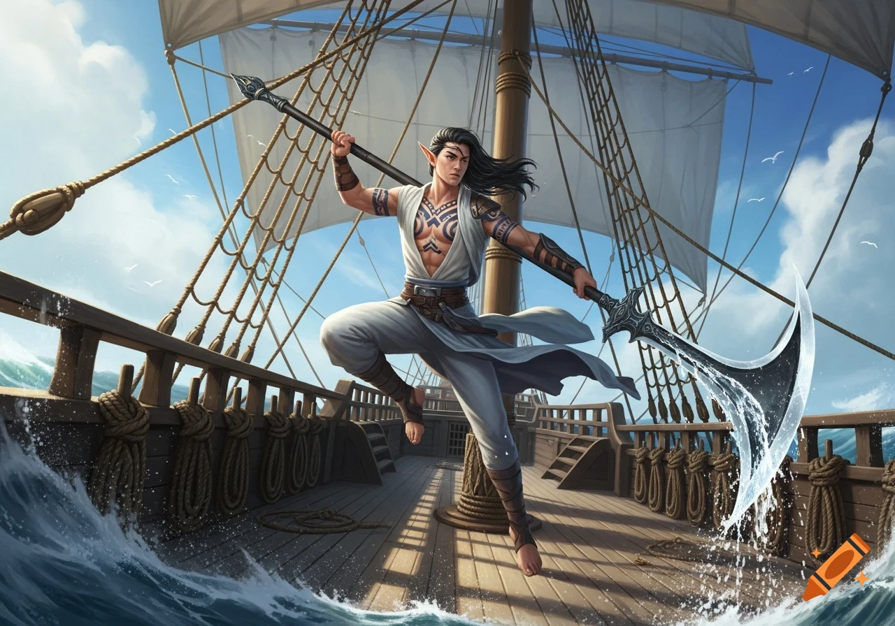 A half-elf male leaps on a sailing ship's deck, holding a spear and a large curved blade, with tattoos on his chest and arms.