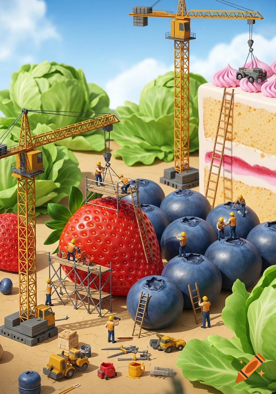 Miniature construction workers build on giant strawberries, blueberries, and a slice of cake with cranes and scaffolding.