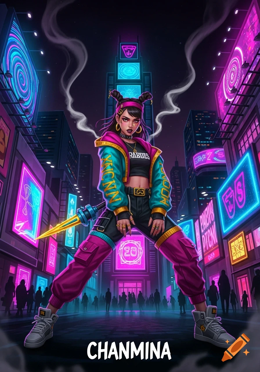 An anime-style woman with space buns and a crop top, wearing a turquoise and pink jacket and cargo pants, stands in a neon-lit cyberpunk city at night.