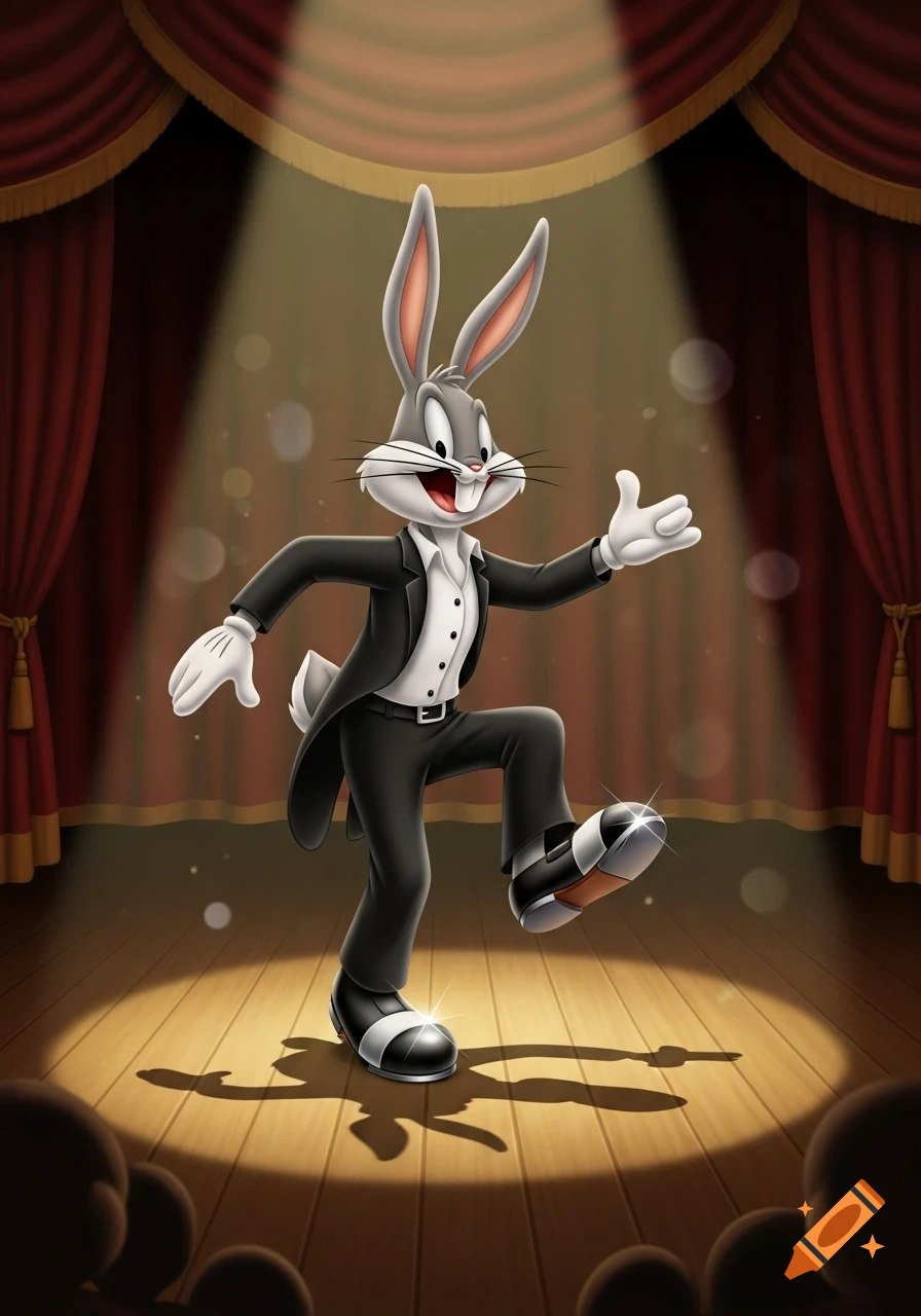 Bugs Bunny in a tuxedo tap dances on a spotlighted wooden stage with red curtains.