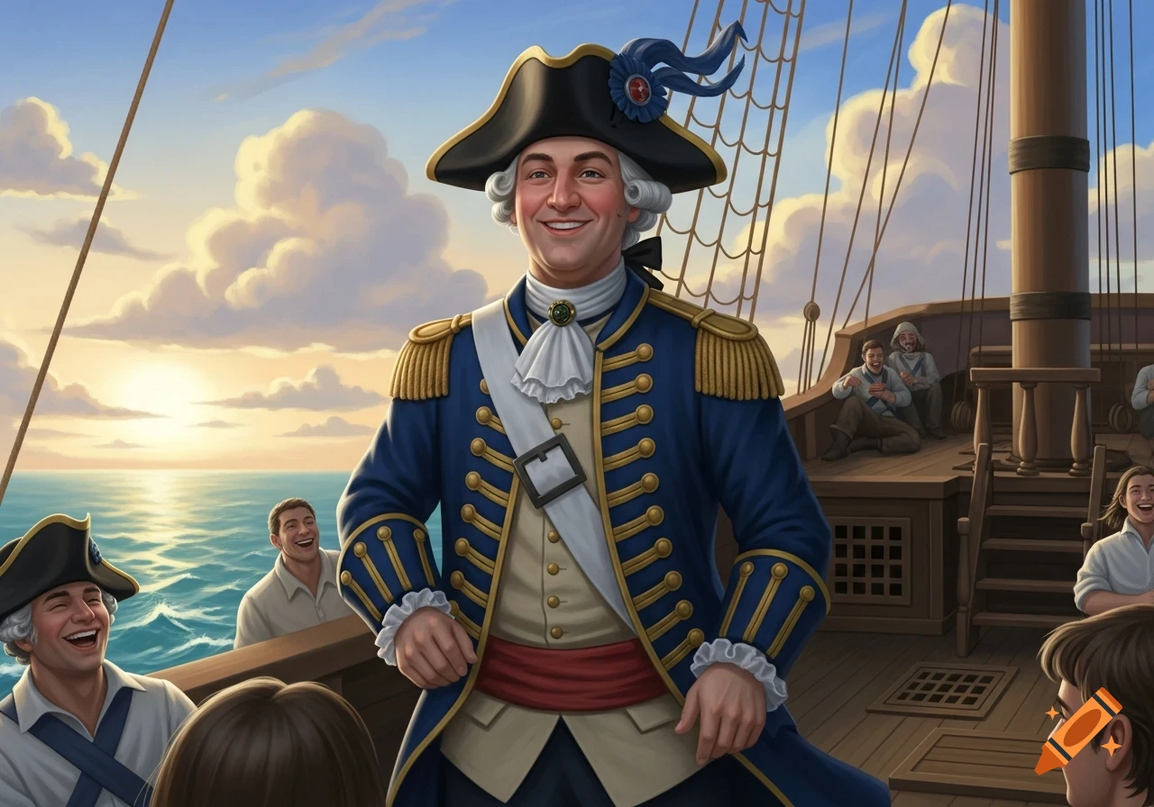 Illustrated scene of a smiling 18th-century naval officer on a ship deck with crew at sunset.