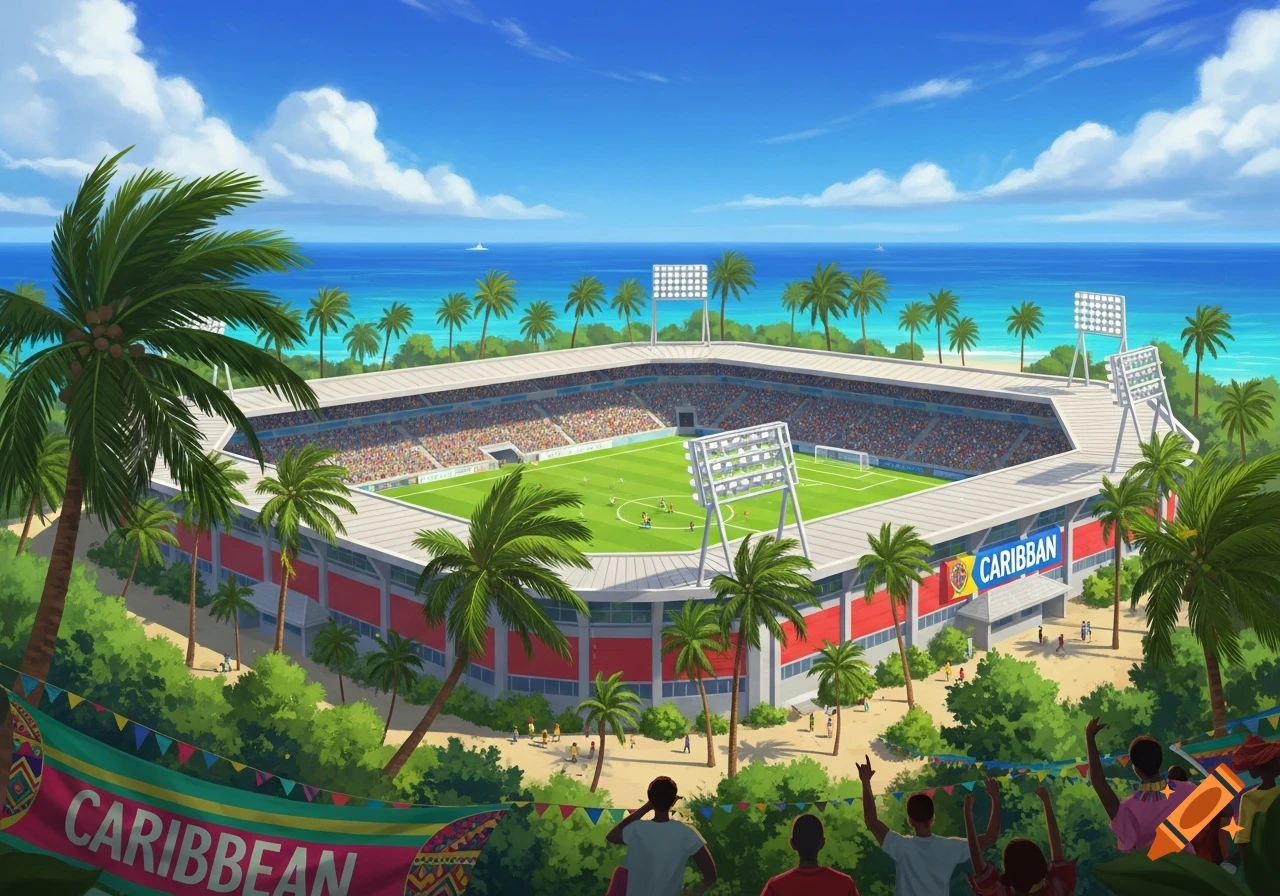 A vibrant cartoon-style football stadium on a tropical beach, surrounded by palm trees with the blue ocean and sky in the background. Spectators cheer in the foreground.
