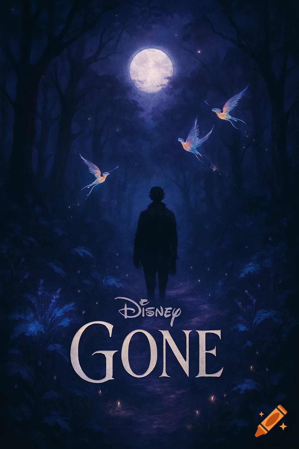 A dark Disney movie poster titled 'GONE' features a person's silhouette in a forest under a full moon, with glowing birds.