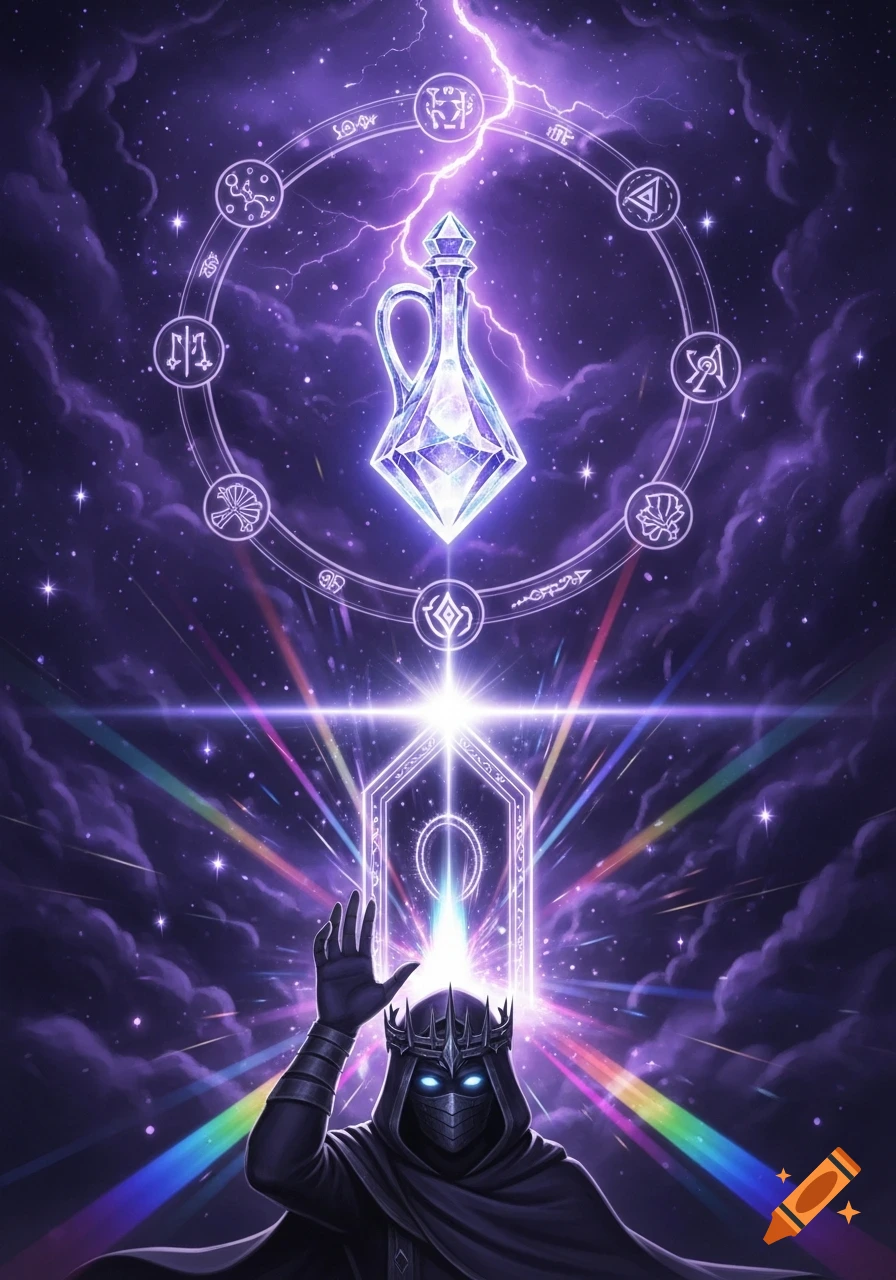 A cloaked figure with a crown and glowing eyes raises a hand towards a glowing crystalline phial surrounded by ethereal glyphs, with a light gateway below, all set in a purple cosmic sky with storm clouds.