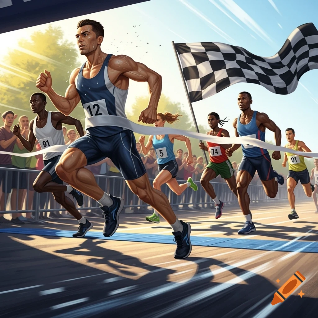 Dynamic illustration of diverse runners sprinting across a finish line under a waving checkered flag on a sunny day.