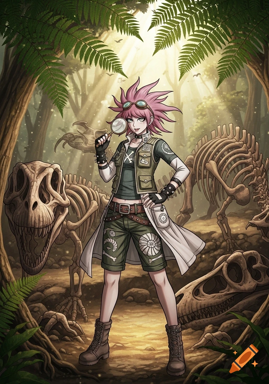 An anime-style female paleontologist with pink hair and goggles stands in a jungle with dinosaur skeletons, holding a magnifying glass.